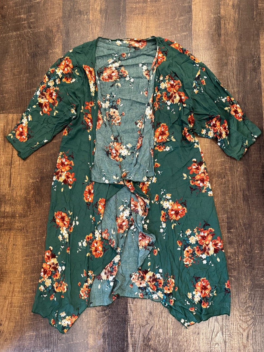 Lularoe green base with orange floral kimono